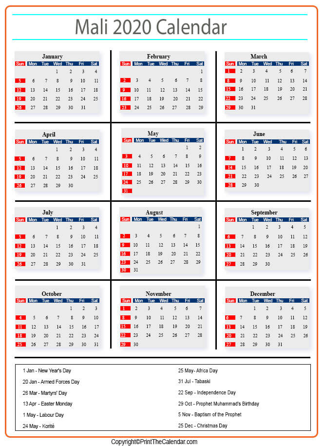 Mali Calendar 2020